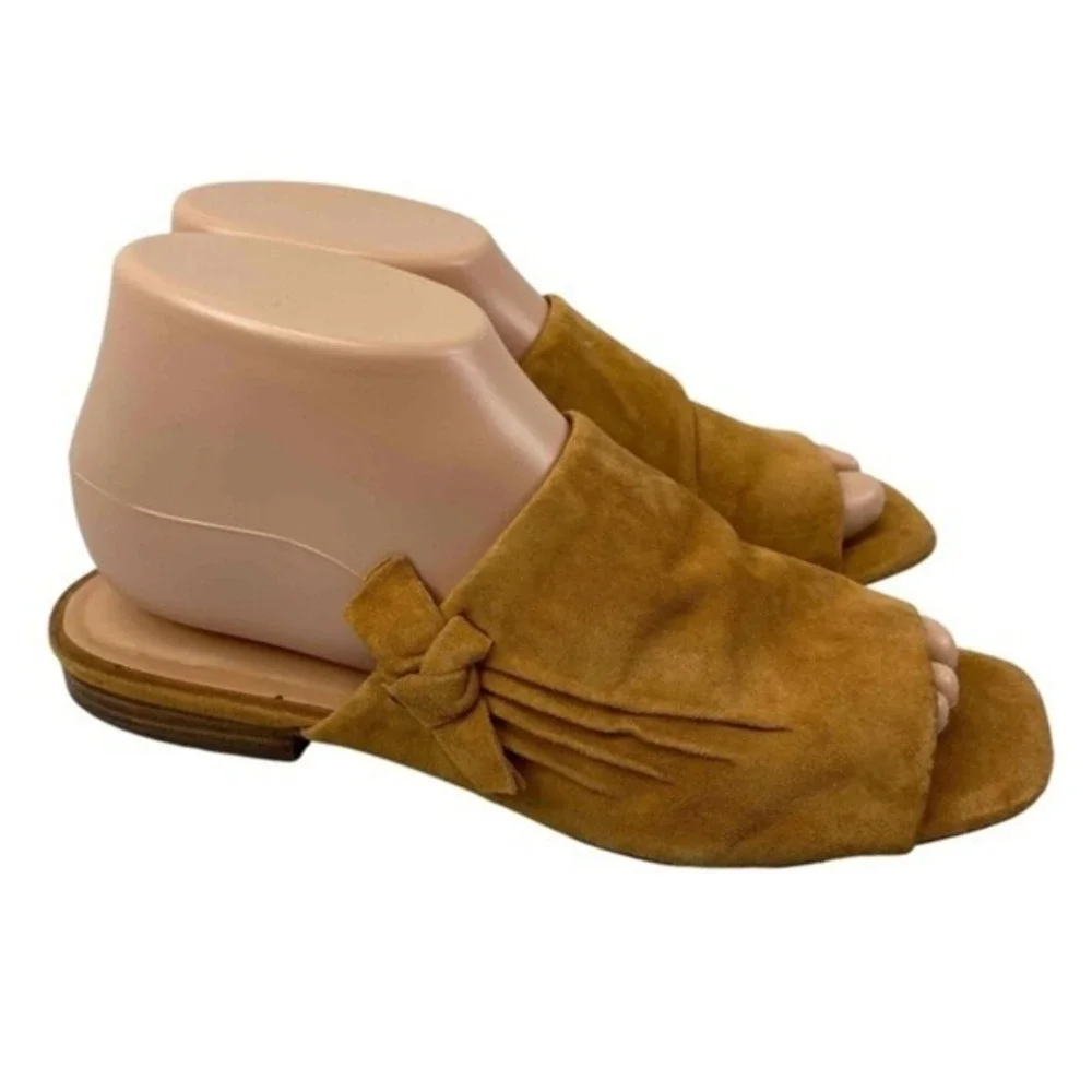 Halston Heritage Lorraine Women's 7M Tan Suede Slides Bow Accent Open Toe